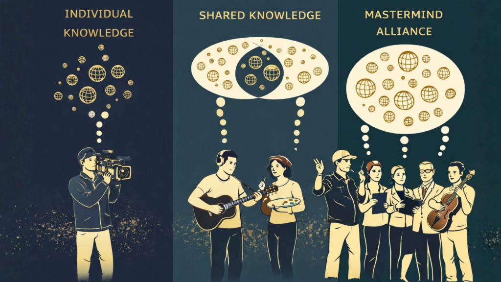 Grafic shows 3 types of group, left is someone alone with individual knowledge, in the middle are two people with shared knowledge and right is a group as a mastermind alliance
